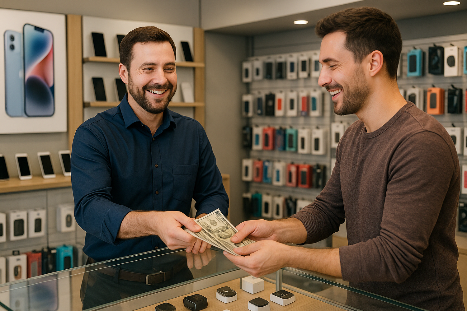 a shopkeeper gives money to the customer in a mobile phone shop