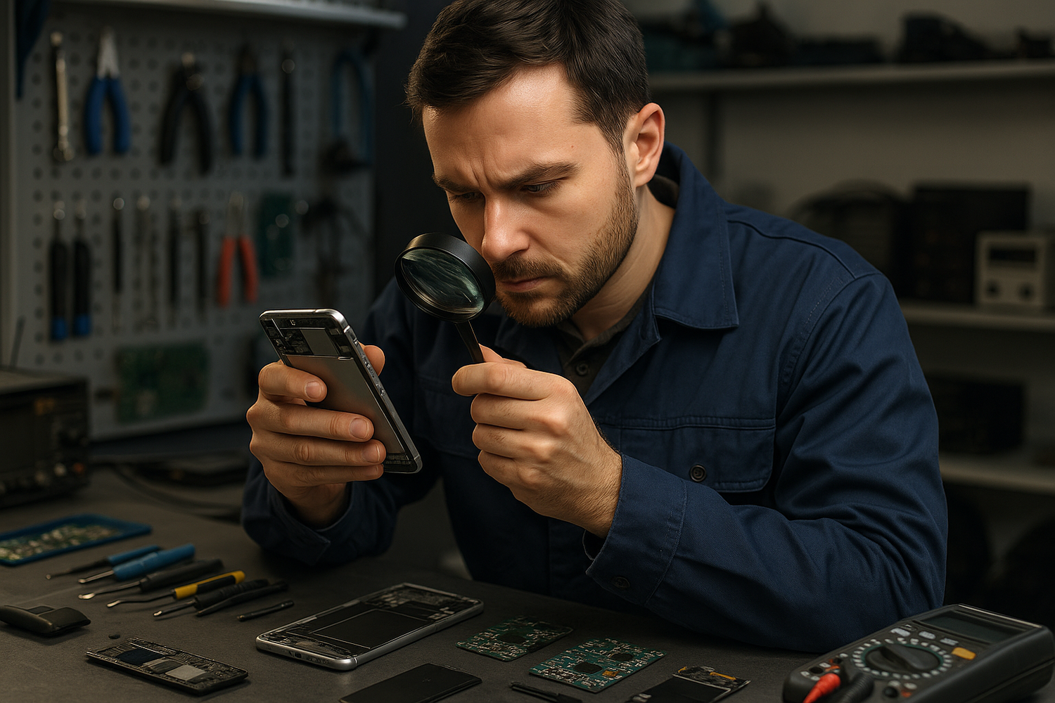 create a service technician inspecting a phone