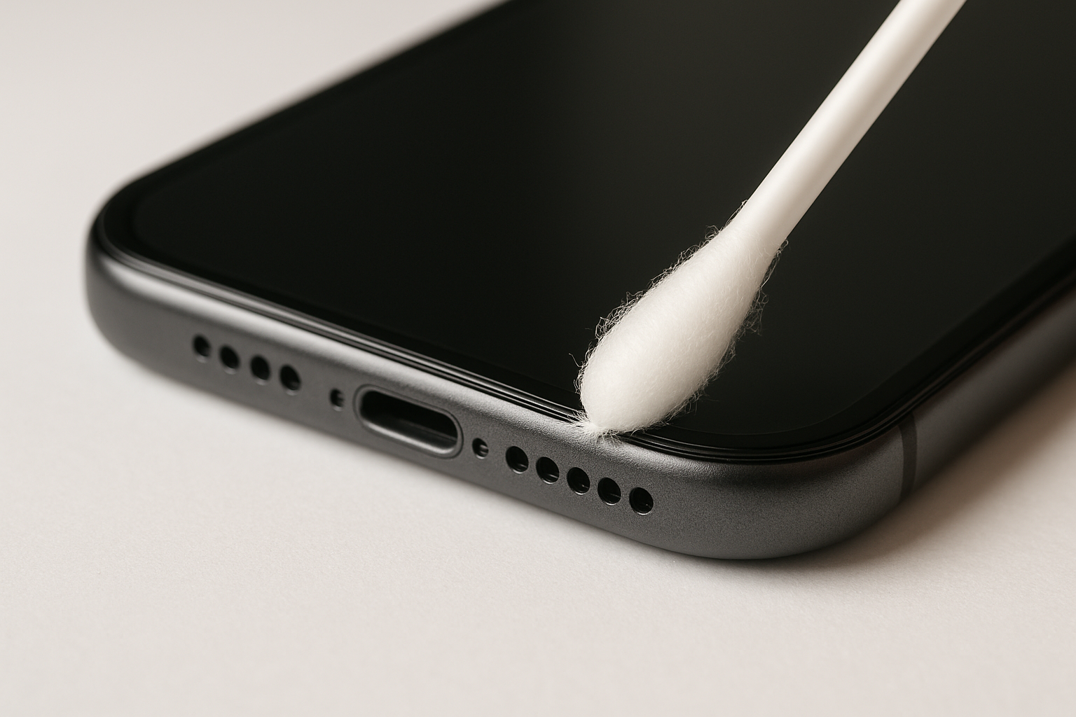 create an image of a phone getting cleaned in the bottom speaker