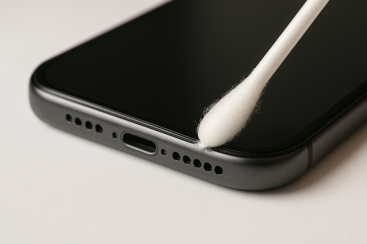 create an image of a phone getting cleaned in the bottom speaker