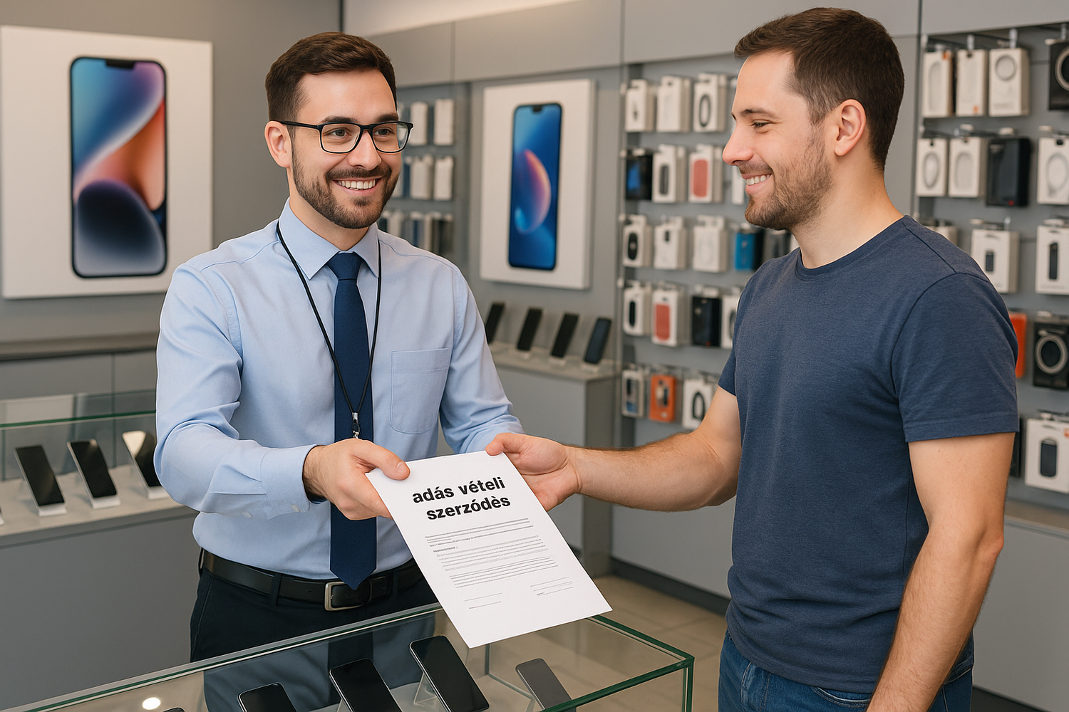 the backround is a mobile phone shop and the customer is in regular clothes